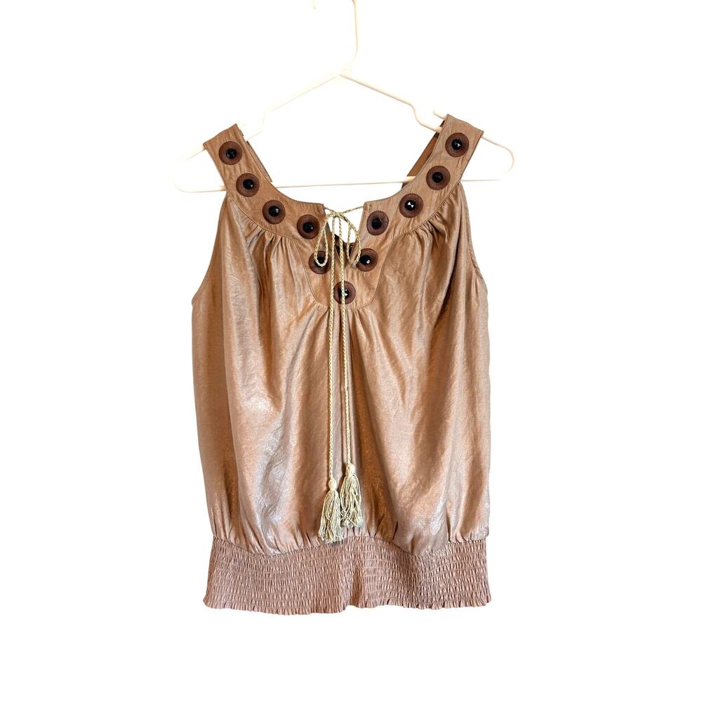 Boho Champaign Satin Sleeveless Bubble Top Beaded Tassels embroidered Large Y2k
